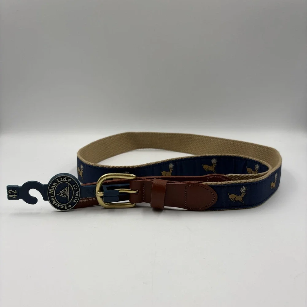 Leather Man Ltd. Ribbon Belt Mens‎ 42 Blue Deer Embroidered Brass Buckle Golf